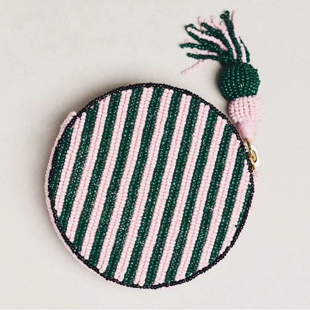 Anthropologie “ELF NOG” Nephthys Illustrated Beaded Disc Round Zip Coin Purse.